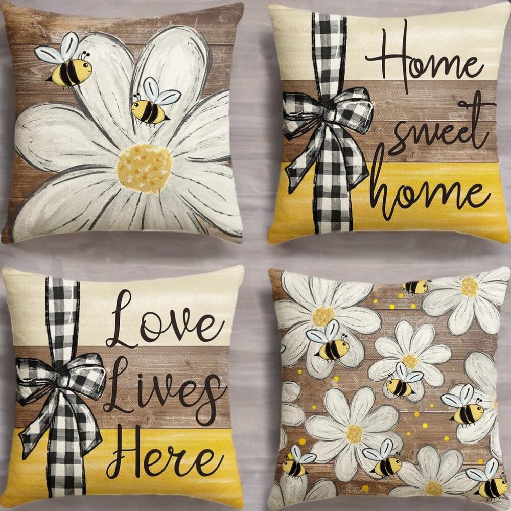 Honey Bee Decorative Throw Pillow Covers Spring Decor Yellow Floral Accent Cases
